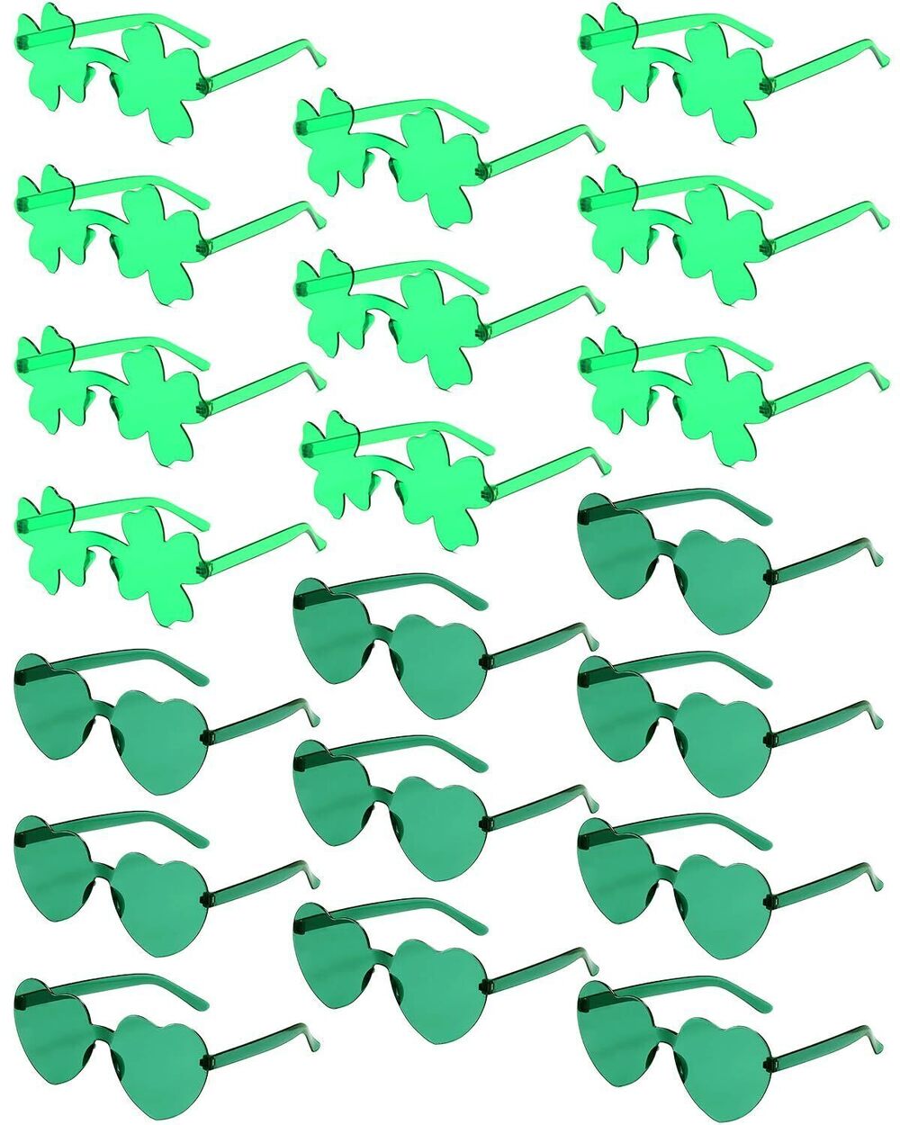 1311 St Patricks Day Party Glasses, Green Shamrock Heart Shape Rimless